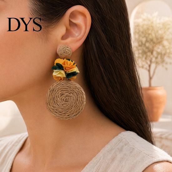 Handmade Boho Jewelry 1 Pair Raffia Flower Earrings for Women, Rattan Lightweight Woven Round Drop Dangle Earrings, Straw Summer Beach Vacation