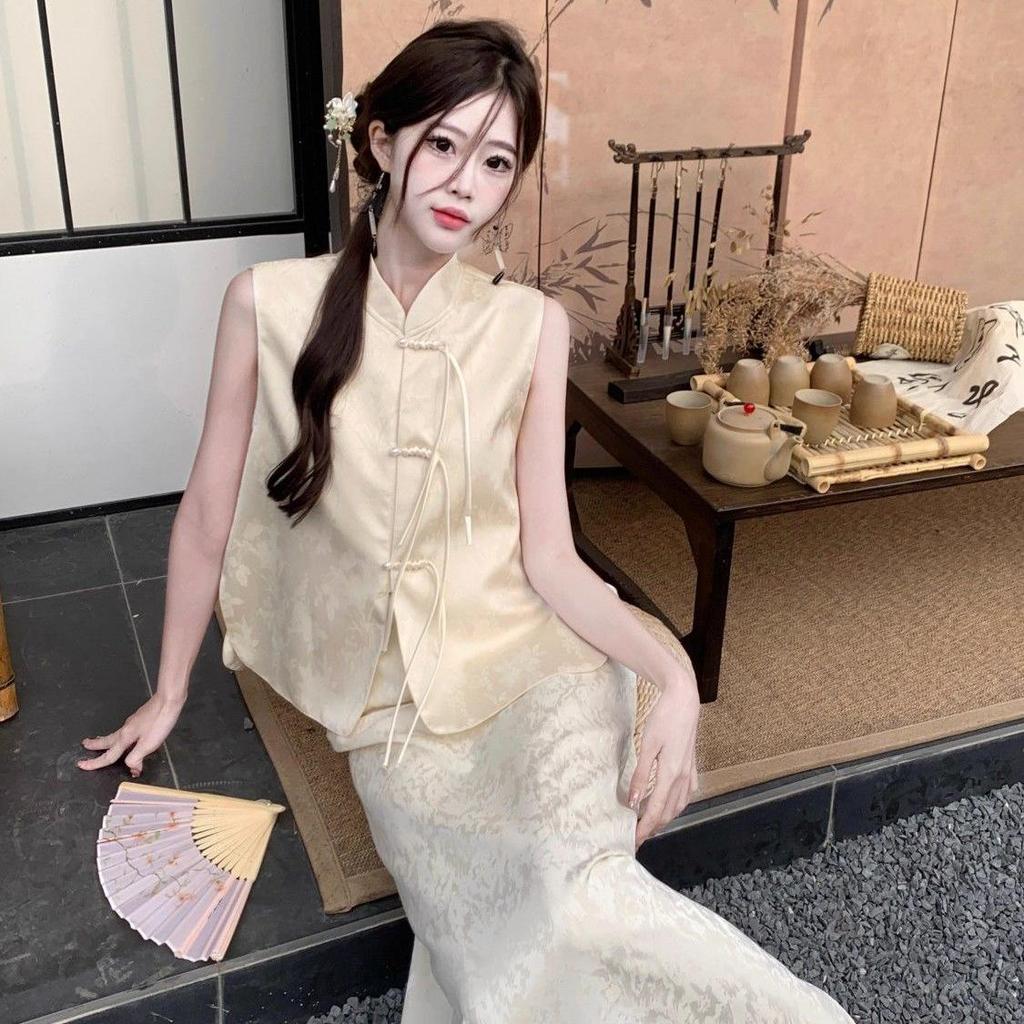 Elegant Summer Maxi Dress & Waistcoat Set with Chinese Frog Button Stand Collar