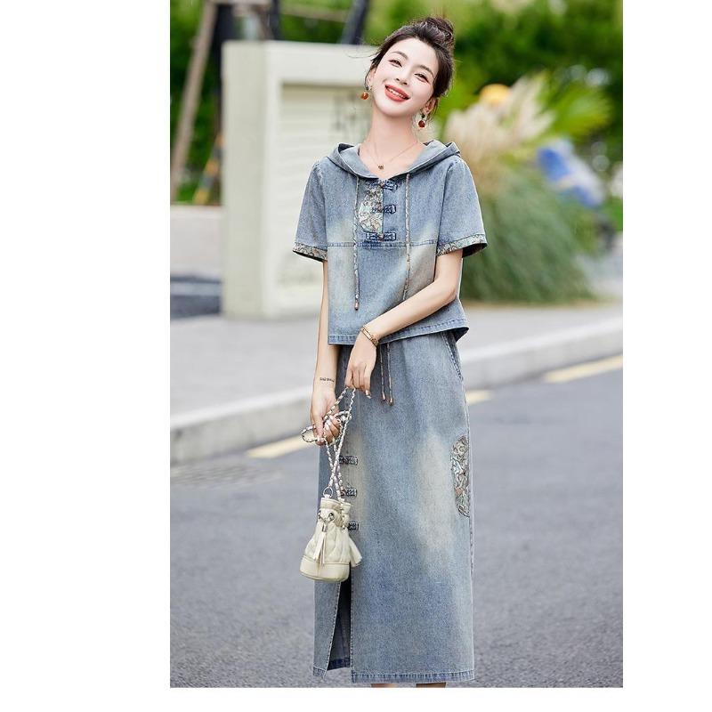 Fashion Embroidery Denim Skirt Set Women Summer Hooded Two Piece Outfit Chinese Style Vintage Youthful
