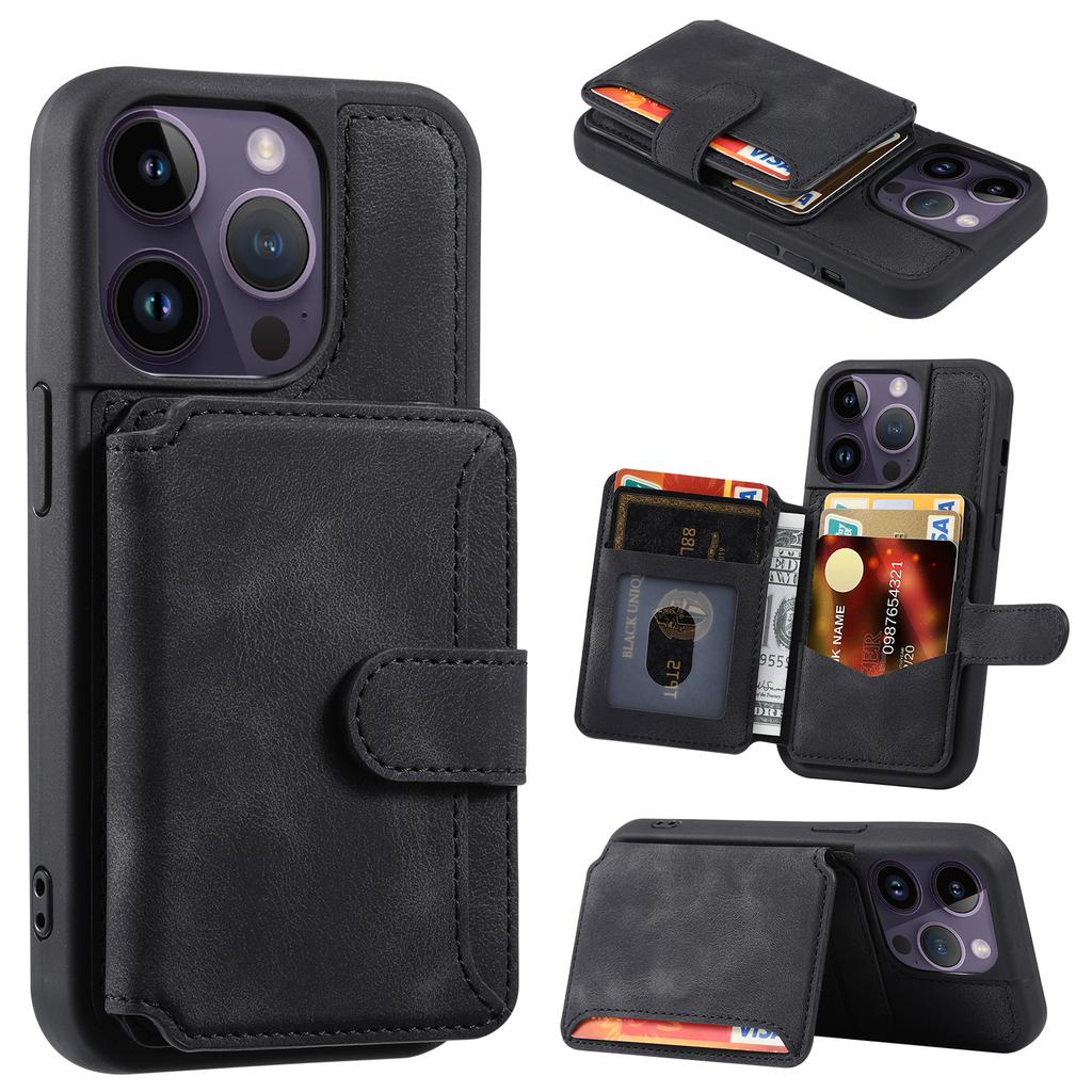 For iPhone 13 Pro RFID Blocking Phone Case Leather Coated TPU Cover with Wallet Kickstand