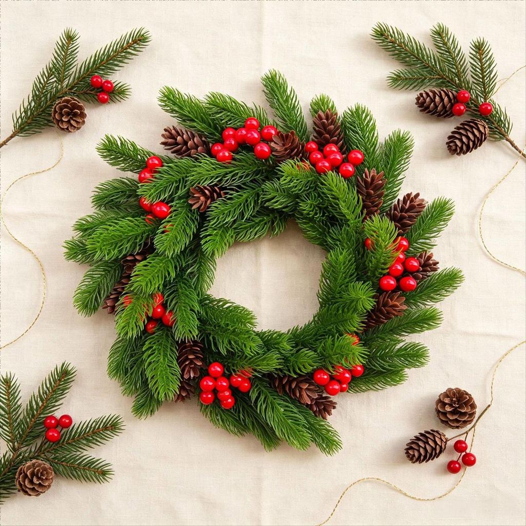 3D Pine Branch Christmas Wreath with Red Berries - Festive Door Hanging Decoration