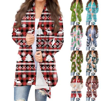 Cardigan feminino casual de manga comprida estampado de Natal sem casaco superior