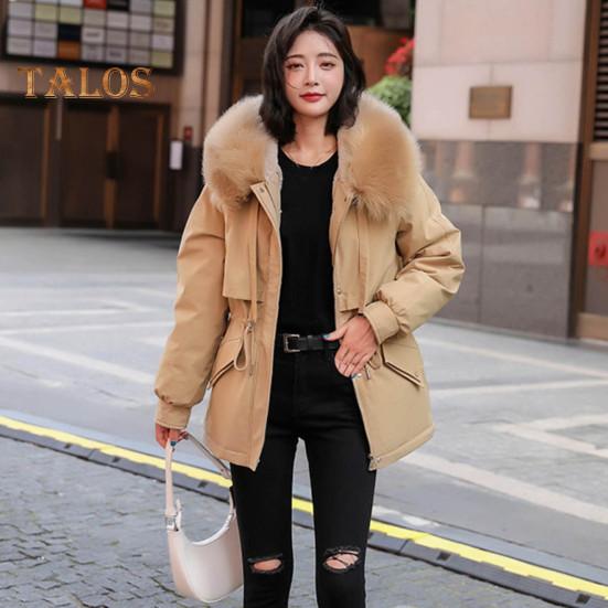 Women Padded Jacket Thickened Plush Lined Coat with Drawstring Waist Winter Warm Puffer Jacket with Faux Fur Hood for Work Streetwear
