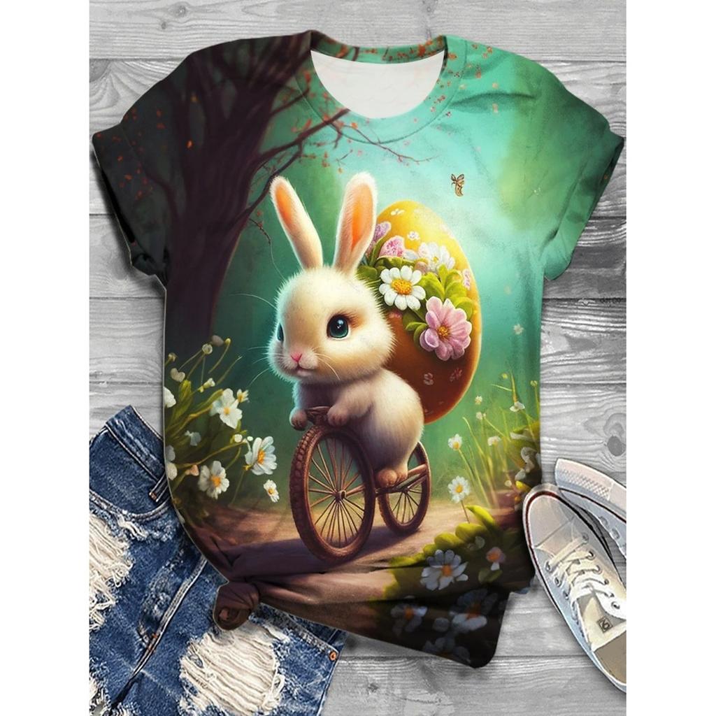Women's Fun Rabbit Printed T-shirt Short Sleeve T-shirt Top 3D Printed Round Neck Shirt Summer Casual Women's Clothing