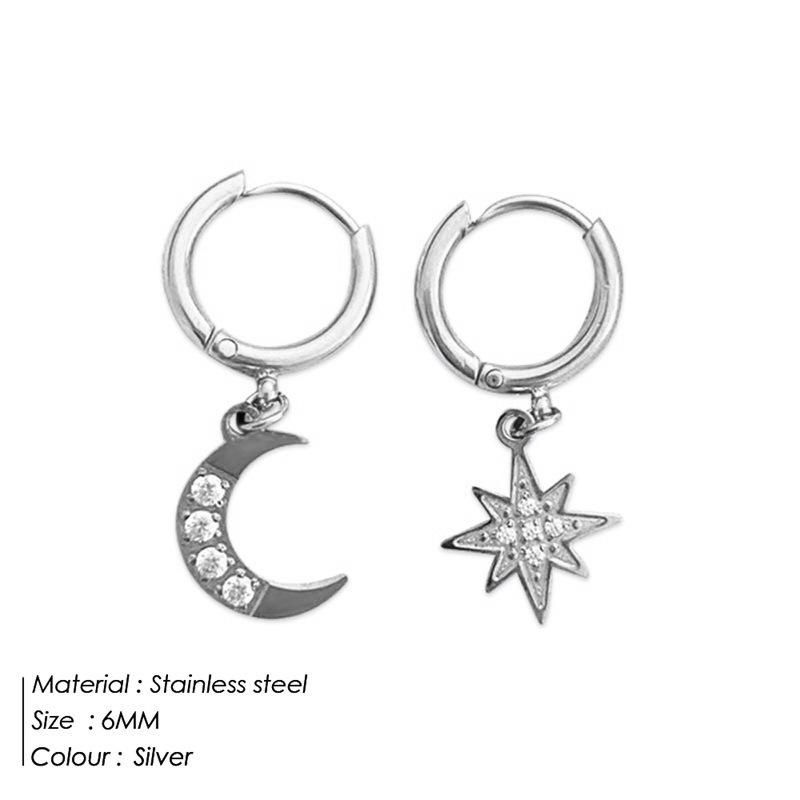 Asymmetrical Rhinestone Star and Moon Titanium Steel Earrings for Women