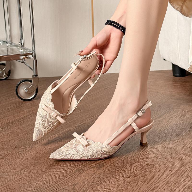 Fashion Summer Women Vulcanized Shoes Bow Embroidered Lace High Heels Pointed Thin Heel Comfort Hollow Sandals Slender Design