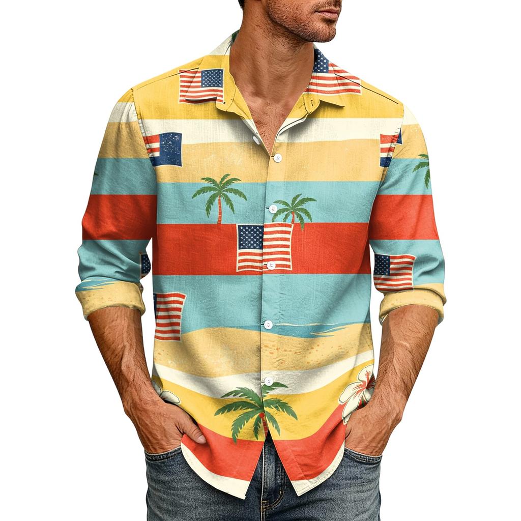 Men's Loose Fit Long Sleeve Shirt Hawaiian Style Retro Casual Button Down Shirt with Spread Collar Suitable for Spring and Autumn