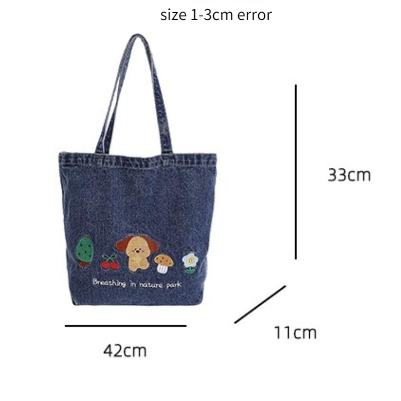 Retro Washed Denim Women's Shoulder Bags Cute Animal Embroidery College Girls Canvas Book Tote Bag Travel Shopping Handbags