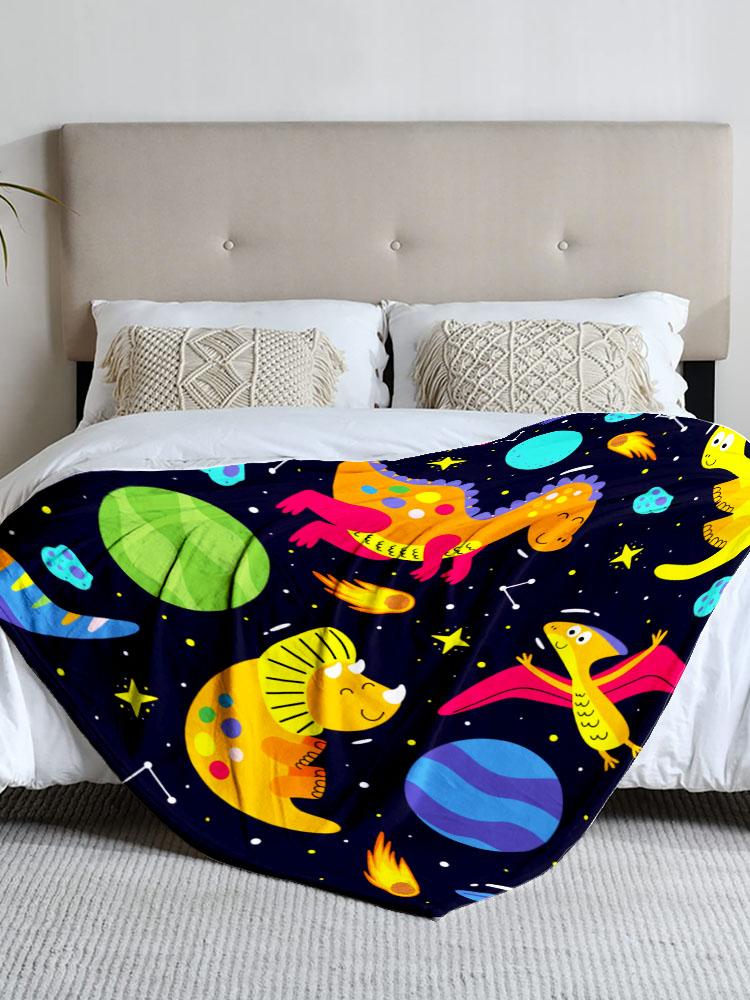 1 Piece Dinosaur Space Theme Flannel Blanket, Perfect for Sofa, Bed, Office. Ideal Gift for Family, Friends, and Holidays.