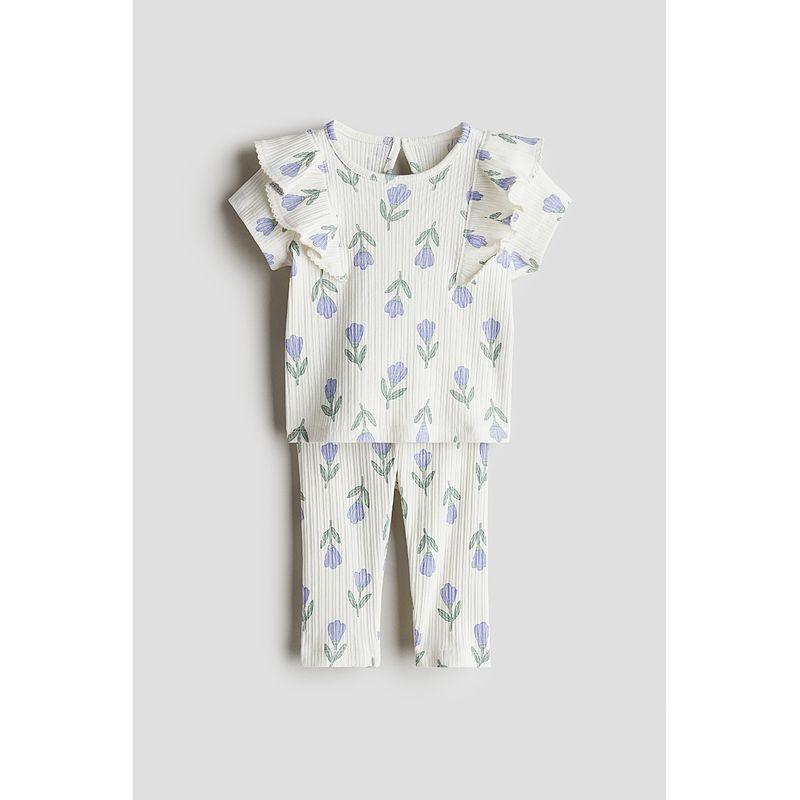 

HM Children s Clothing Baby Girl 2025 Autumn New Arrival Florals Print Rib Ruffle Top Leggings 1281405