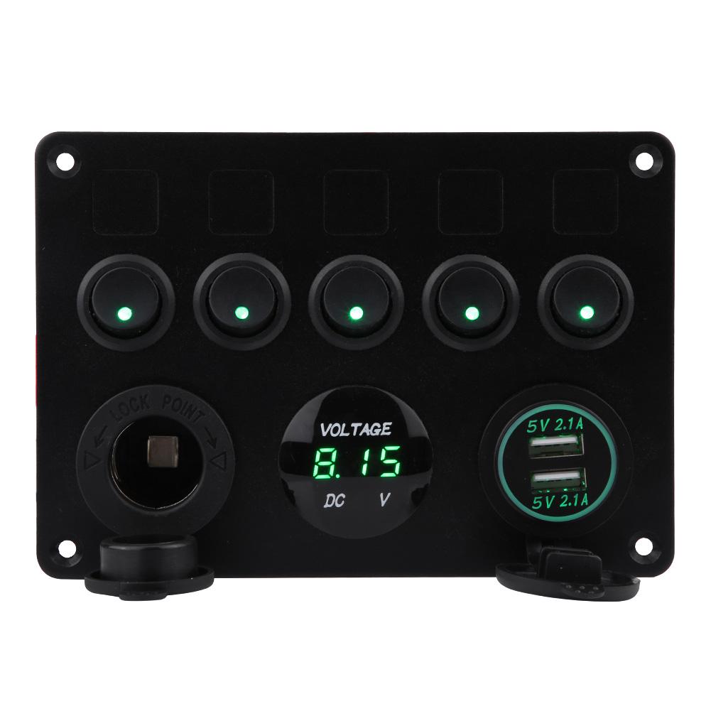 12-24V 5 Gang OnCelsiusOff Toggle   Panel Dual USB Voltmeter for Car Boat Marine Truck Green LED