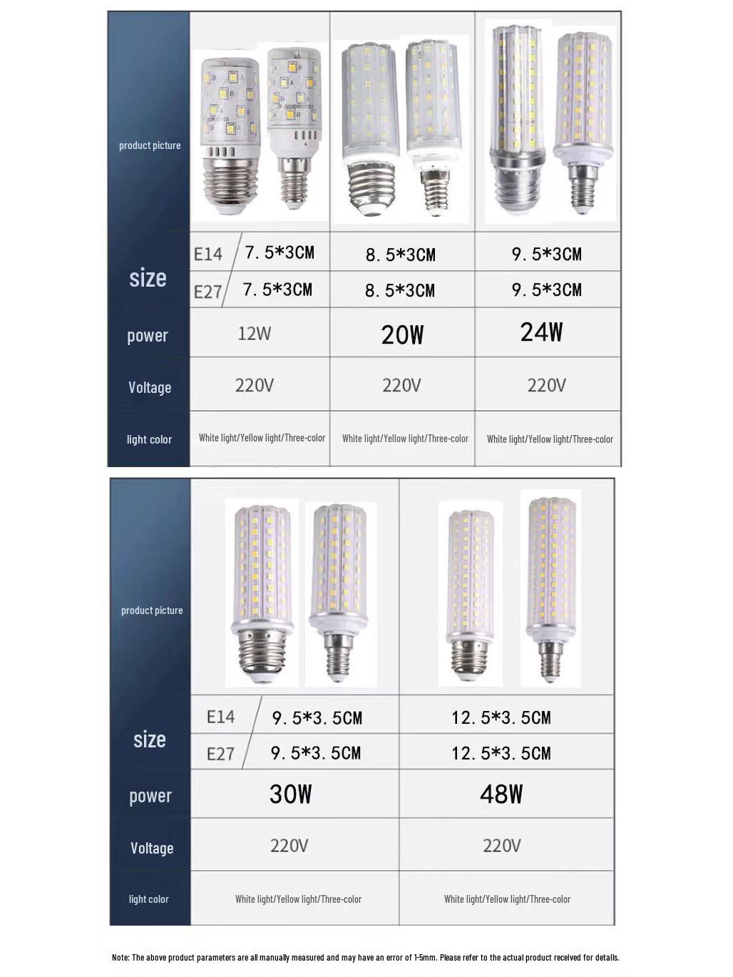 

LED Bulbs 220V E27/E14 Base, 12W/16W, Energy-Saving, Three-Color Dimmable Corn Lights 12W Cool Light