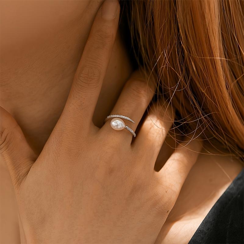 

1pc Faux Pearl Geometric Oval Ring, Synthetic Zirconia Adjustable Open Design - Elegant Anniversary Birthday Gift for Women 2