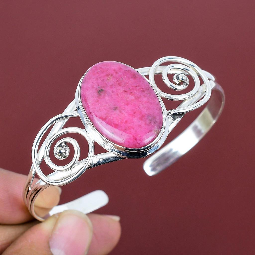 Rhodonite Bangle Gemstone Cuff Bracelet Unique Jewelry 925 Sterling Silver Bangle Adjustable Cuff Bracelet Handmade Jewelry Gifts for Friend