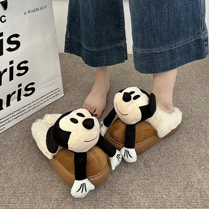 Fashion cartoon three-dimensional Mickey fluffy slippers women's 2025 autumn and winter new outer wear warm half-towed cotton slippers