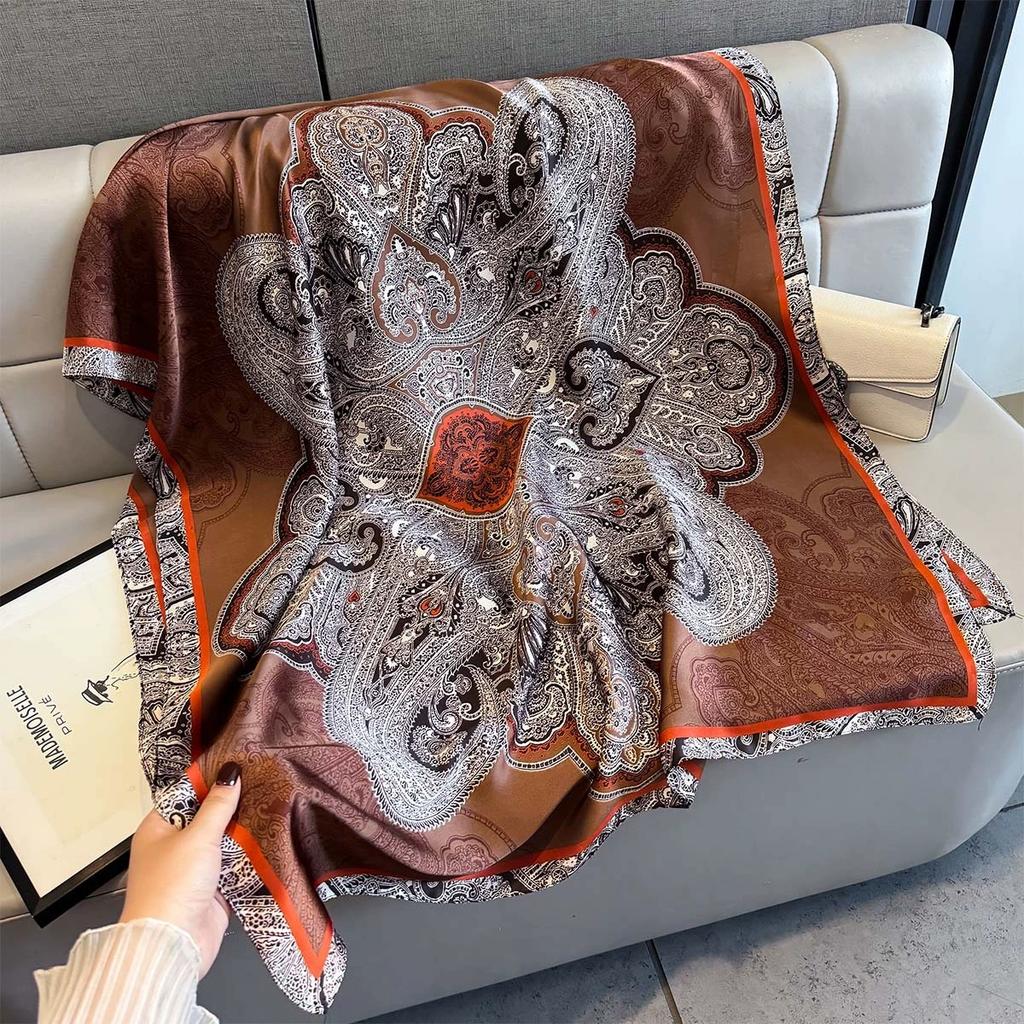 Retro 80*180 Imitation Silk Square Scarf Printed Fashion Versatile Beach Shawl Neck Scarf For Ladies