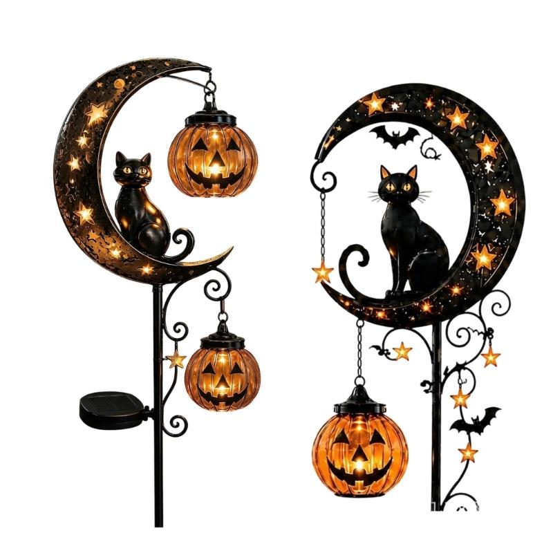Fall Yard Stake Lights Solar Metal Set of 2 with Moon Shape and Hanging Light for Outdoor Lawn Entry Display Near Porch Zones Daily