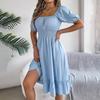Damen Frühling Sommer Temperament Schnüren Einfarbig Hohe Taille Kurzarm Plissee Kleid