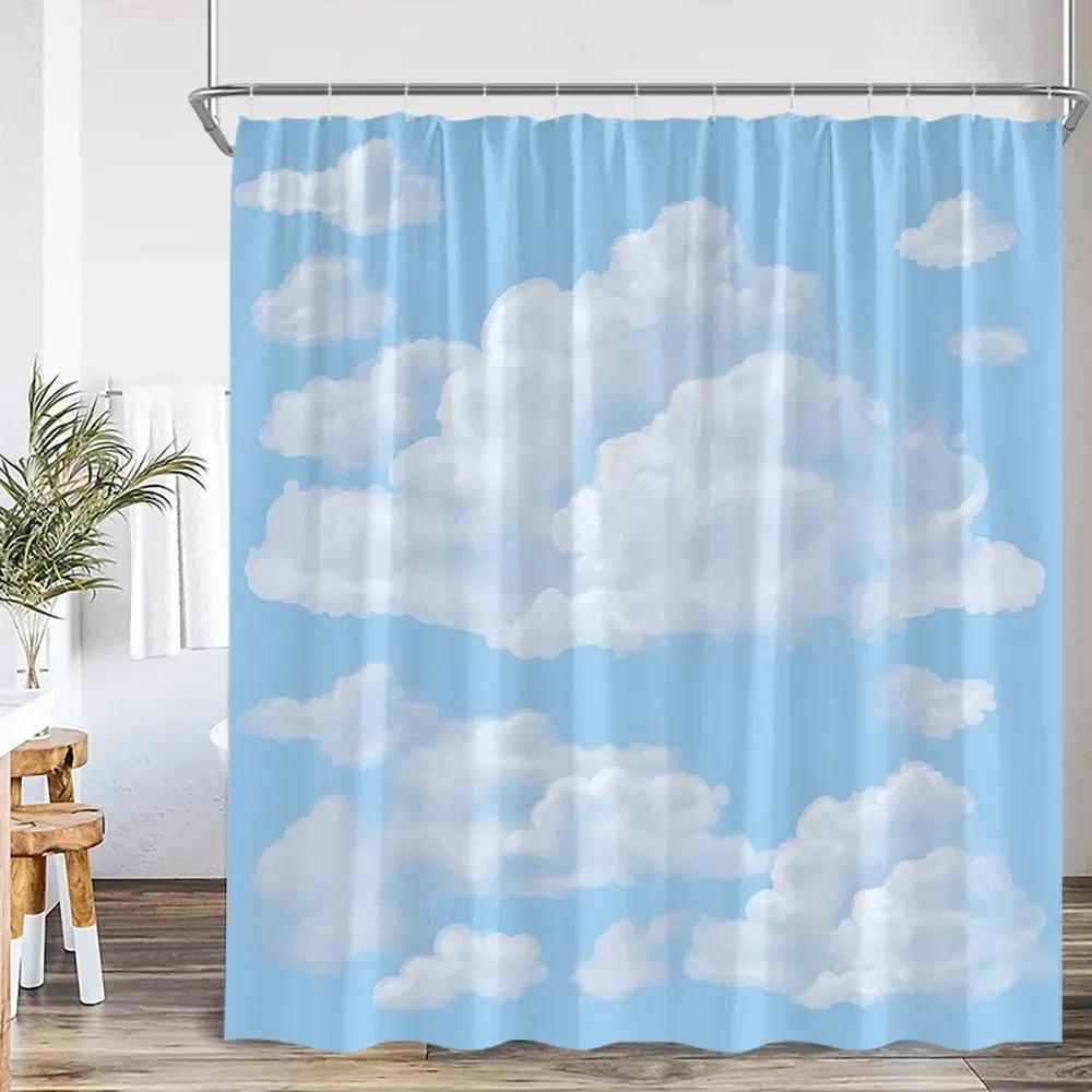 Blue sky natural shower curtain white clouds bathroom decorative shower curtain with hook polyester home decoration bathtub