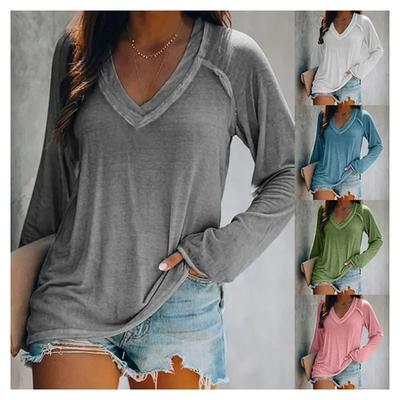 Women's Solid Color Long Sleeved V-neck Patchwork Casual Oversized T-shirt Top for Women's Clothing