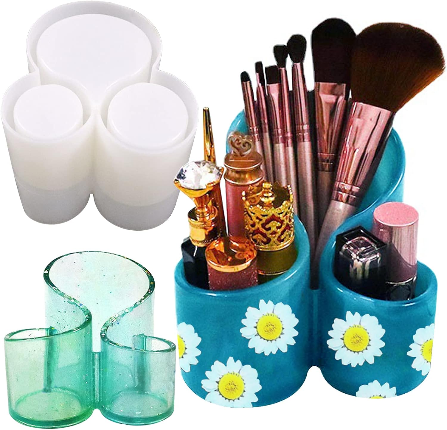 1PC Resin Molds Silicone Storage Box Mold, Unique Makeup Organizer Trinket Container Epoxy Mold with 3 Slots, Pen Brush Holder Mould bianco
