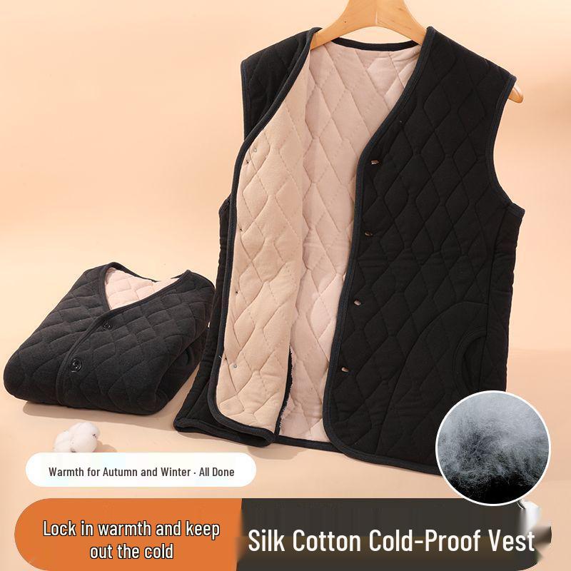 

Men s Spring and Autumn Silk Cotton Quilted Vest for Middle-aged and Elderly - Stylish Warm Base Layer 4XL fits 70-80 kg чорний
