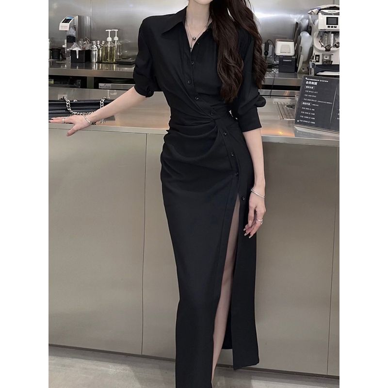 Summer Women's Fashion 2026 New Style Petite Slit Long Dress French Style Elegant High-End Look Super Stylish Shirt Dress