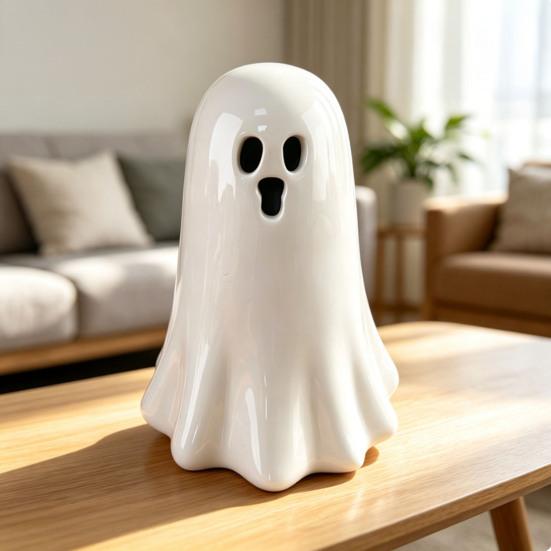Desktop Atmosphere Light Ceramic Hollow Ghost Night Light, Cute Halloween LED Glow Decorative Window Ornaments Lamp, White Ceramics Figurine