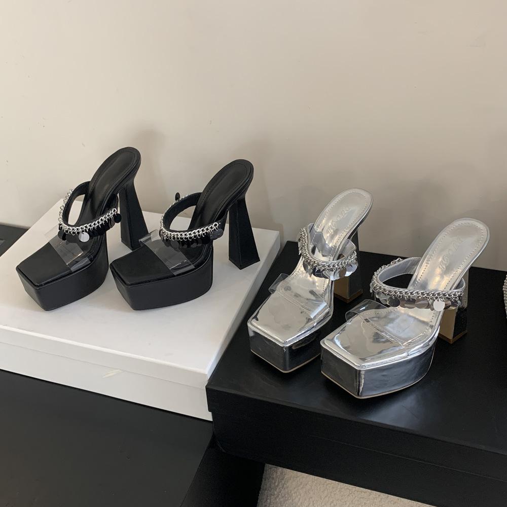 Outer slippers women's super high heel new sequined transparent word with thick heel high heel sandals