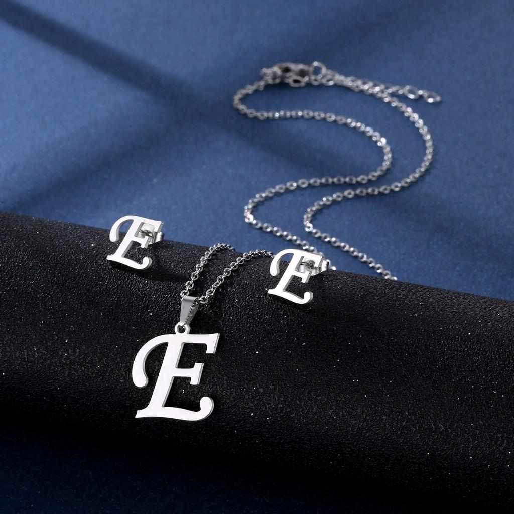 Stainless Steel Letter Pendant Necklace Unisex Jewelry Set Letter Earrings Party Accessory Present for Fashion Lover
