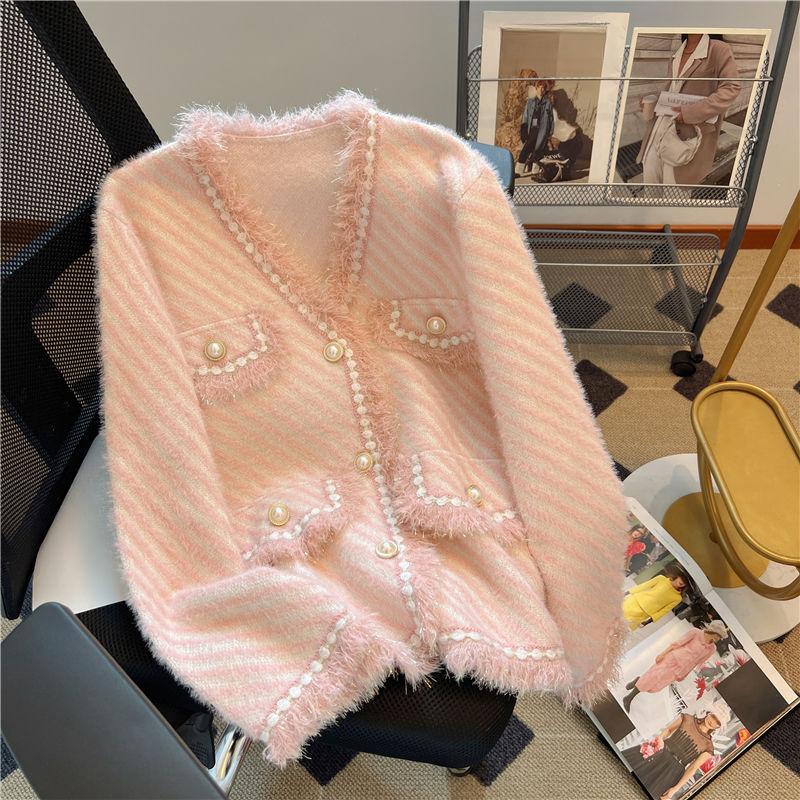 Милый и элегантный мягкий вязаный свитер во французском стиле с искусственным мехом норки для женщин M розовый 2778₽