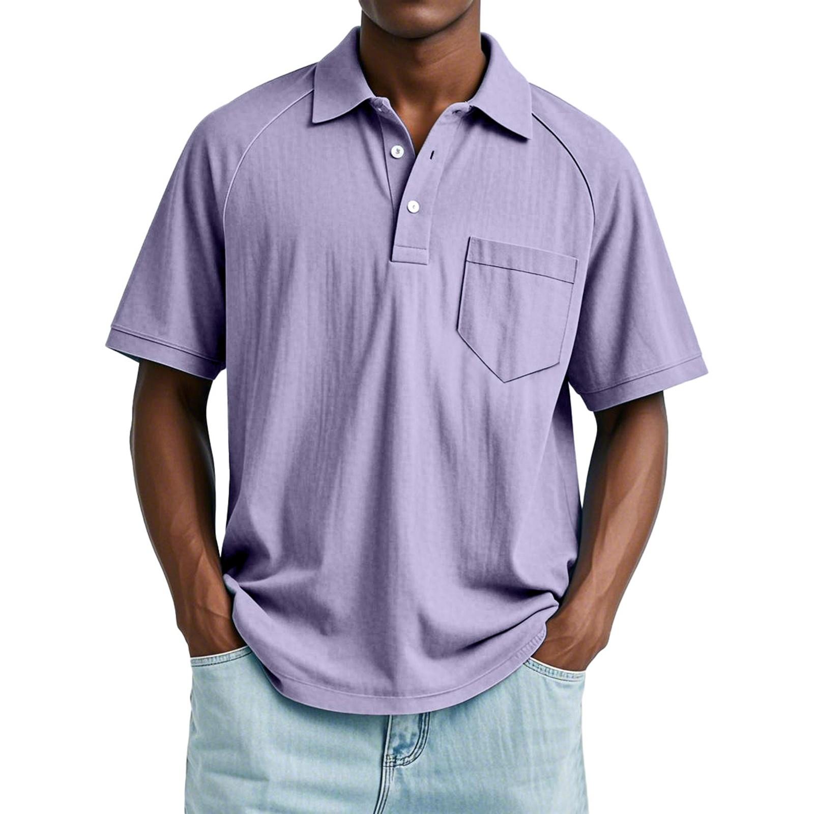 

Мужской летний однотонный топ с лацканами, карманом на пуговице, свободного кроя, с рукавами реглан и короткими рукавами M фиолетовый