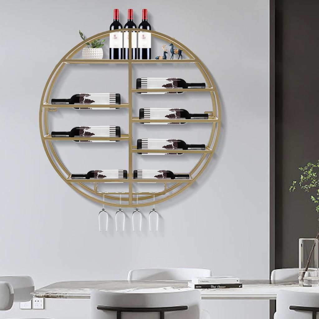 Gold Wall Mounted Wine Rack, Round Iron Wine Display Shelf for 4 Glasses, 60cm Diameter Rustic Home Bar Storage, Kitchen Decor