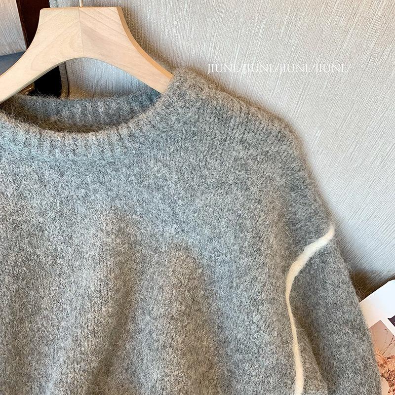 Design gray crew neck sweater women's soft waxy autumn new niche retro casual loose temperament top