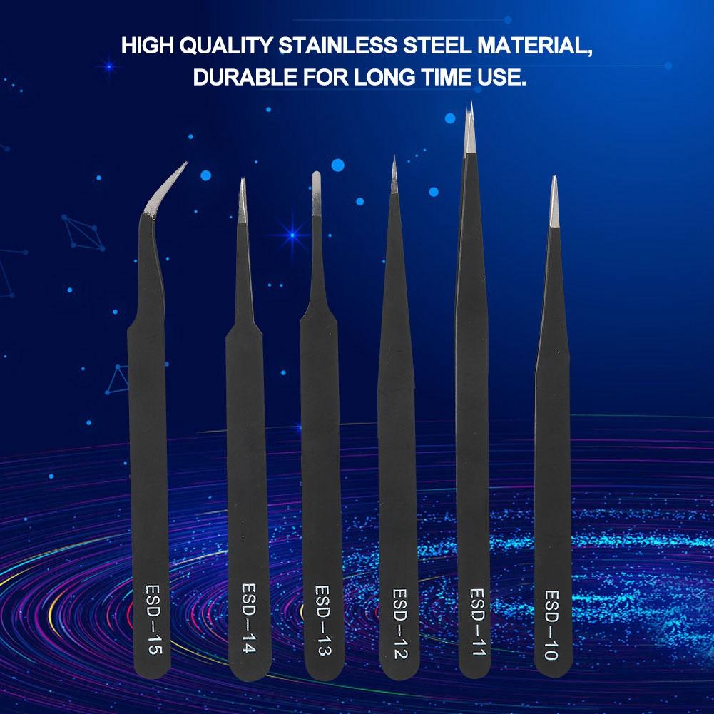 6PCS Anti static Tweezers Stainless Steel Tweezer Maintenance Tool