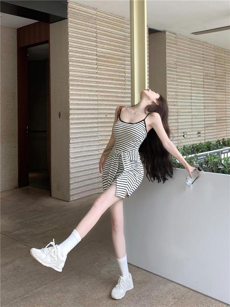 Women's Summer Strappy Striped Slim-Fit Suspender Dress, Hot Girl Style, Contrast Colors, Short Skirt