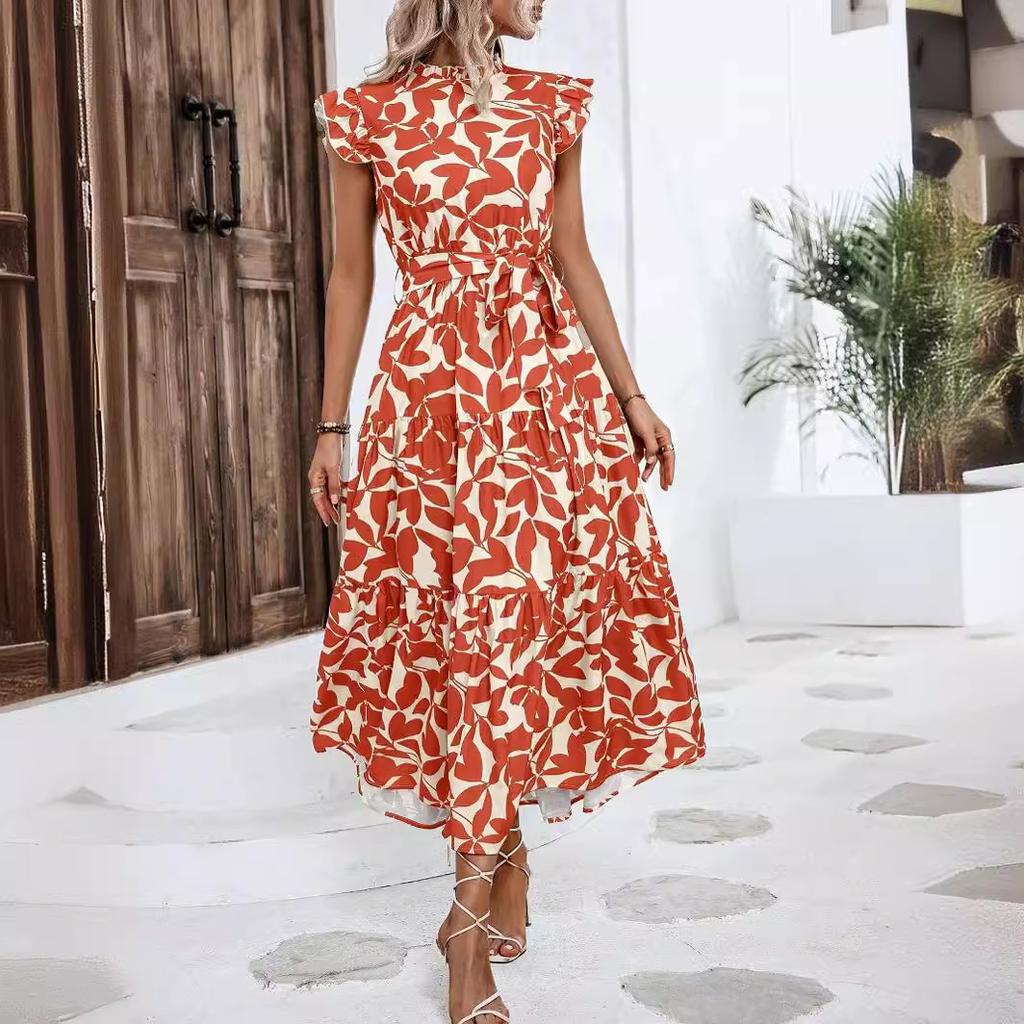 GMXIA Women's Summer Fashion Wooden Earring Short Sleeve Tie Printed Fairy Dresses