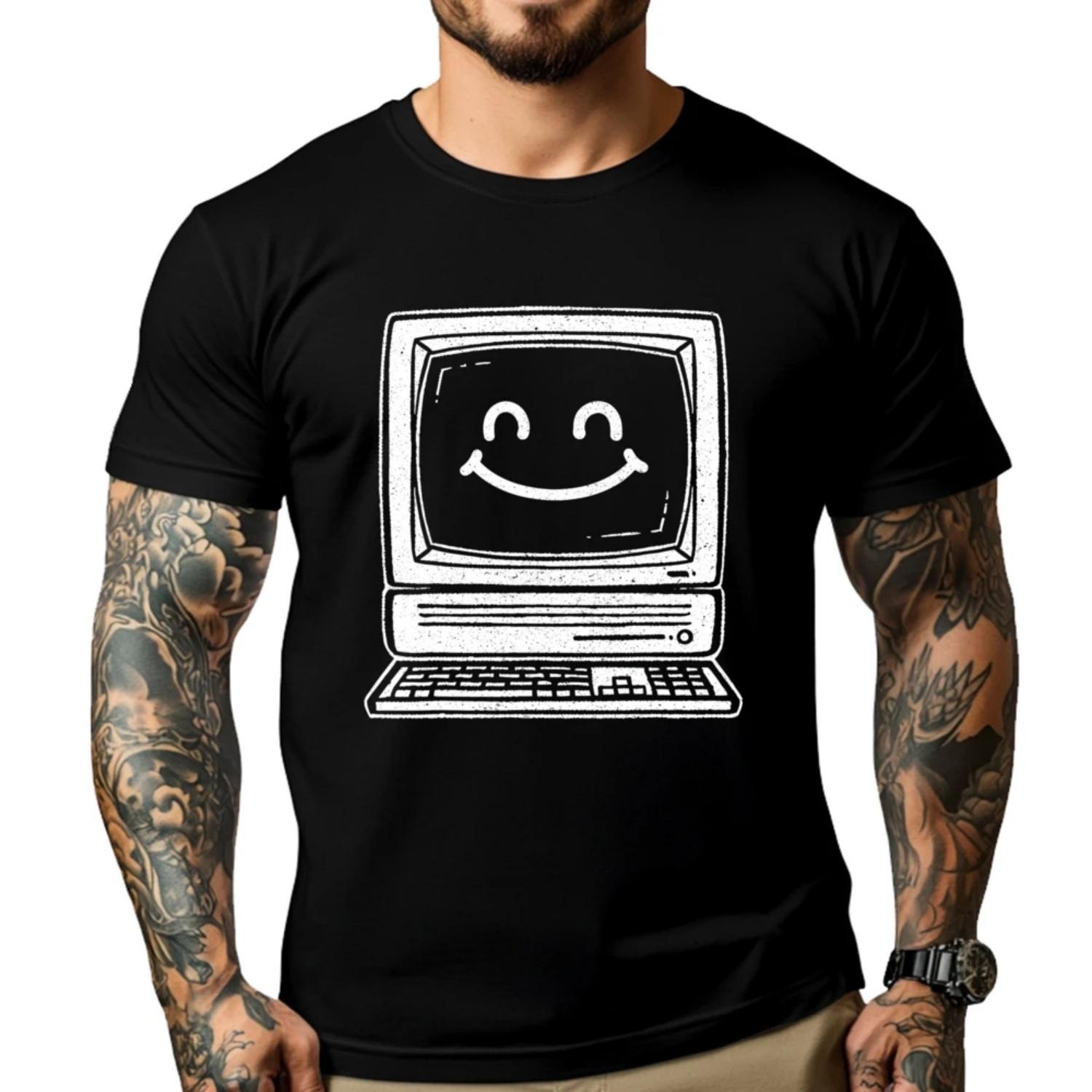 

Retro Smiling Computer Pc Nerd Happy Face Brand T Shirt Camiseta Normal Graphic Cotton Streetwear Short Sleeve S чёрный