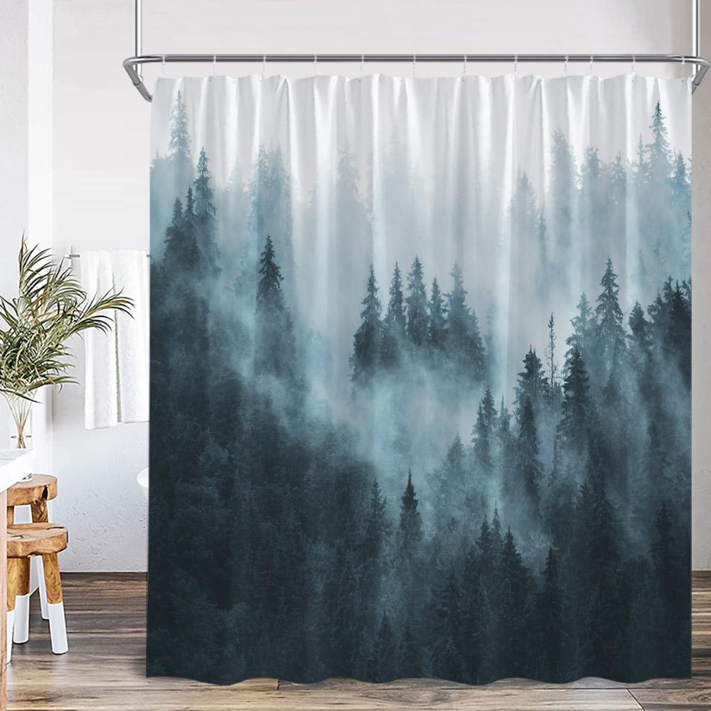 Misty Forest Shower Curtain Foggy Woodland Cloud Pine Tree Nature Nordic Bathroom Decor Modern Minimalist Bath Curtain with Hook