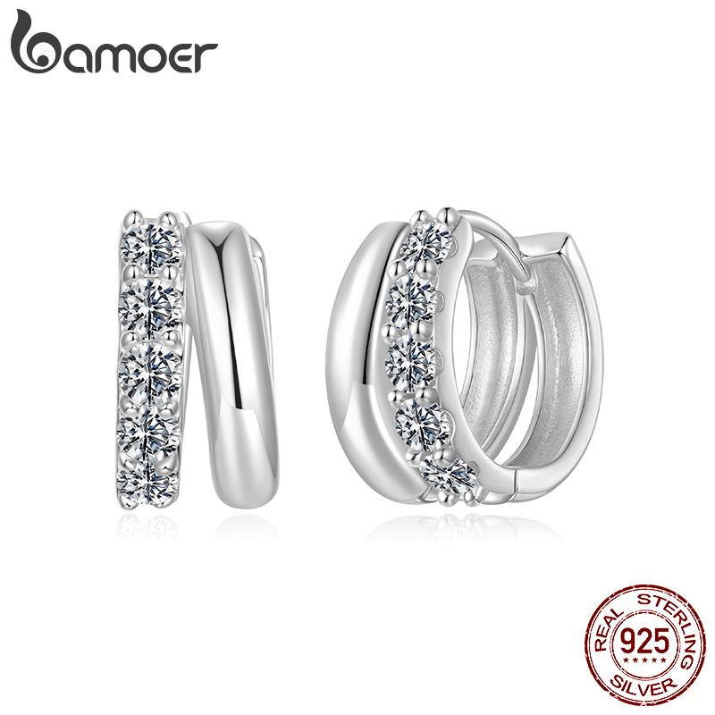 BAMOER 0.3CT Double-layer Moissanite Huggies Earring, 925 Silver Sparking Hoop Earring for Women Hypoallergenic Jewelry