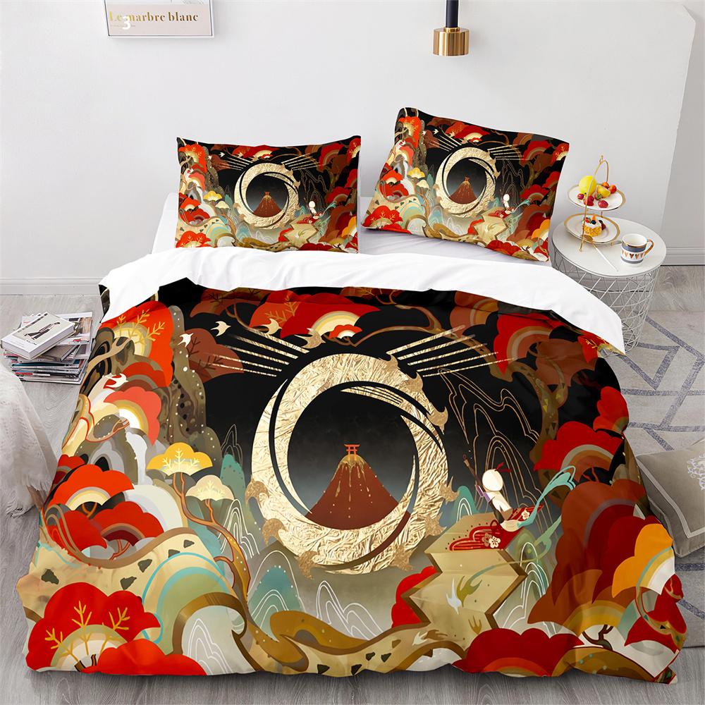 Japanese-Style Bedding Set Ukiyo-e Theme Comforter Cover Sea Wave Red Sun Pattern Decor Duvet Cover For Kids Teen King Full Size