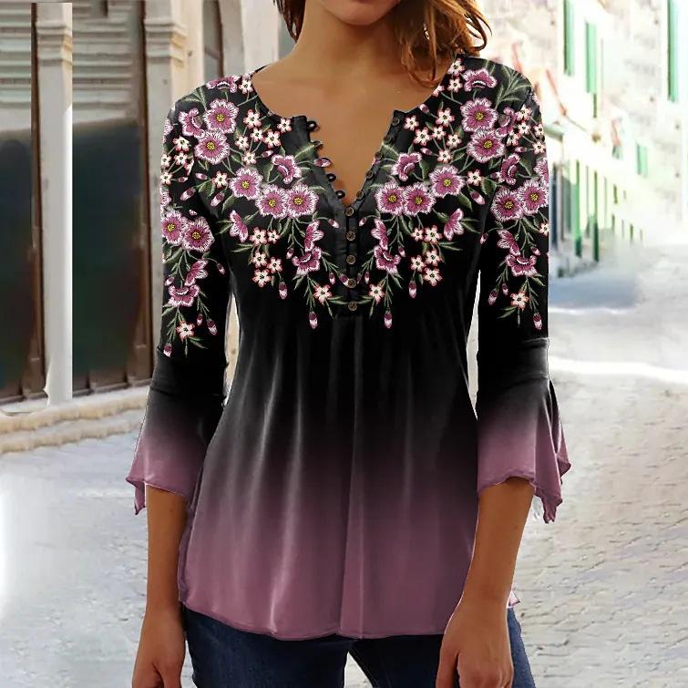 TIFICY Women's Fashion Casual Summer Spring Flower Pattern Print 3/4 Sleeves V-Neck Blouses & Shirts