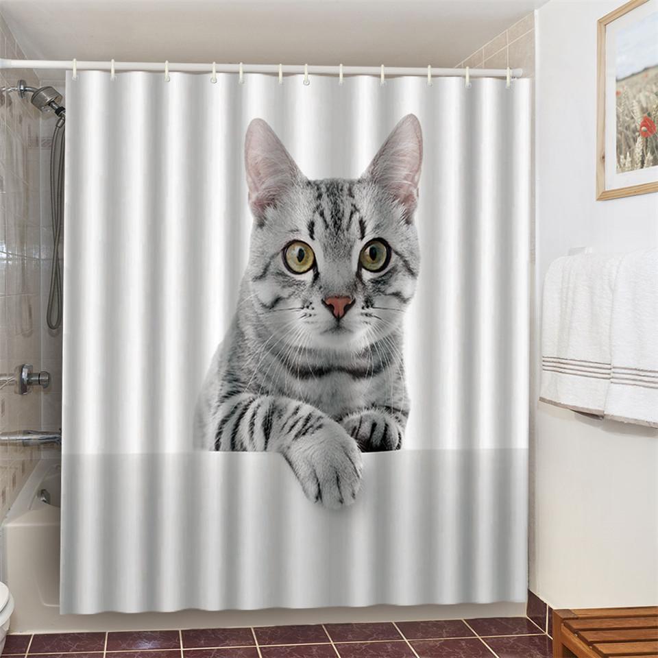 Cat Brushing Teeth Shower Curtain Bathroom Product Waterproof Durable Polyester Fabric Room Decoration cortinas With 12pcs Hooks