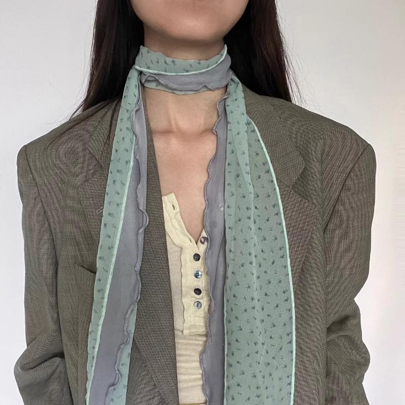 Korean Style Versatile Plaid Long Scarf for Women, Summer Fashion Neck Tie with Ribbon