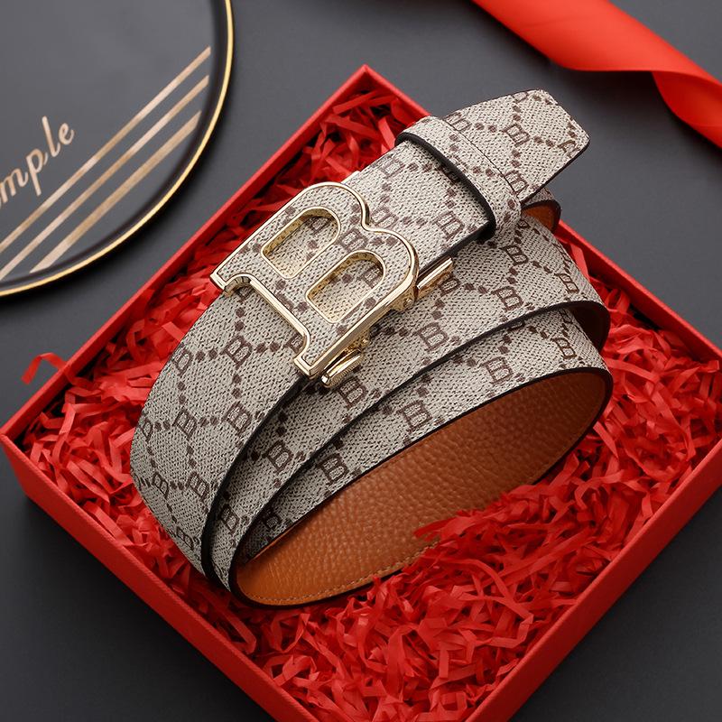 Korean Style Automatic Buckle Genuine Leather Belt for Men with Old Flower Pattern