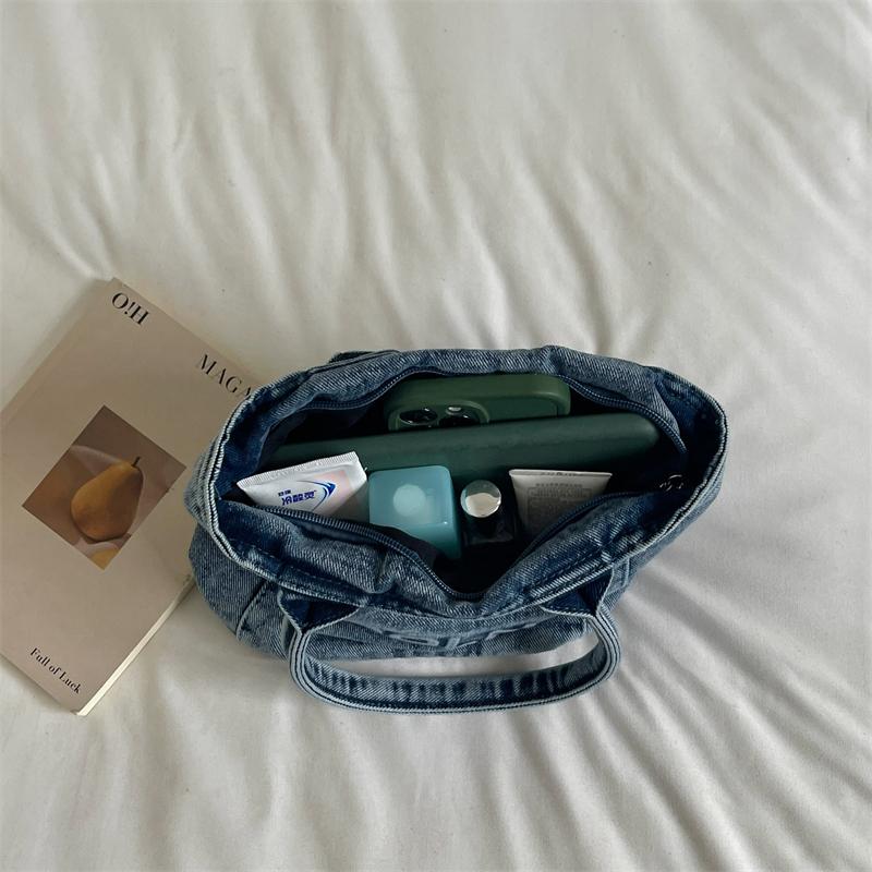 Mini Borsa Tote in Denim Lavato con Design a Lettere Ricamate Manico Superiore Borsa a Mano Piccola Casual per Donne Quotidiana