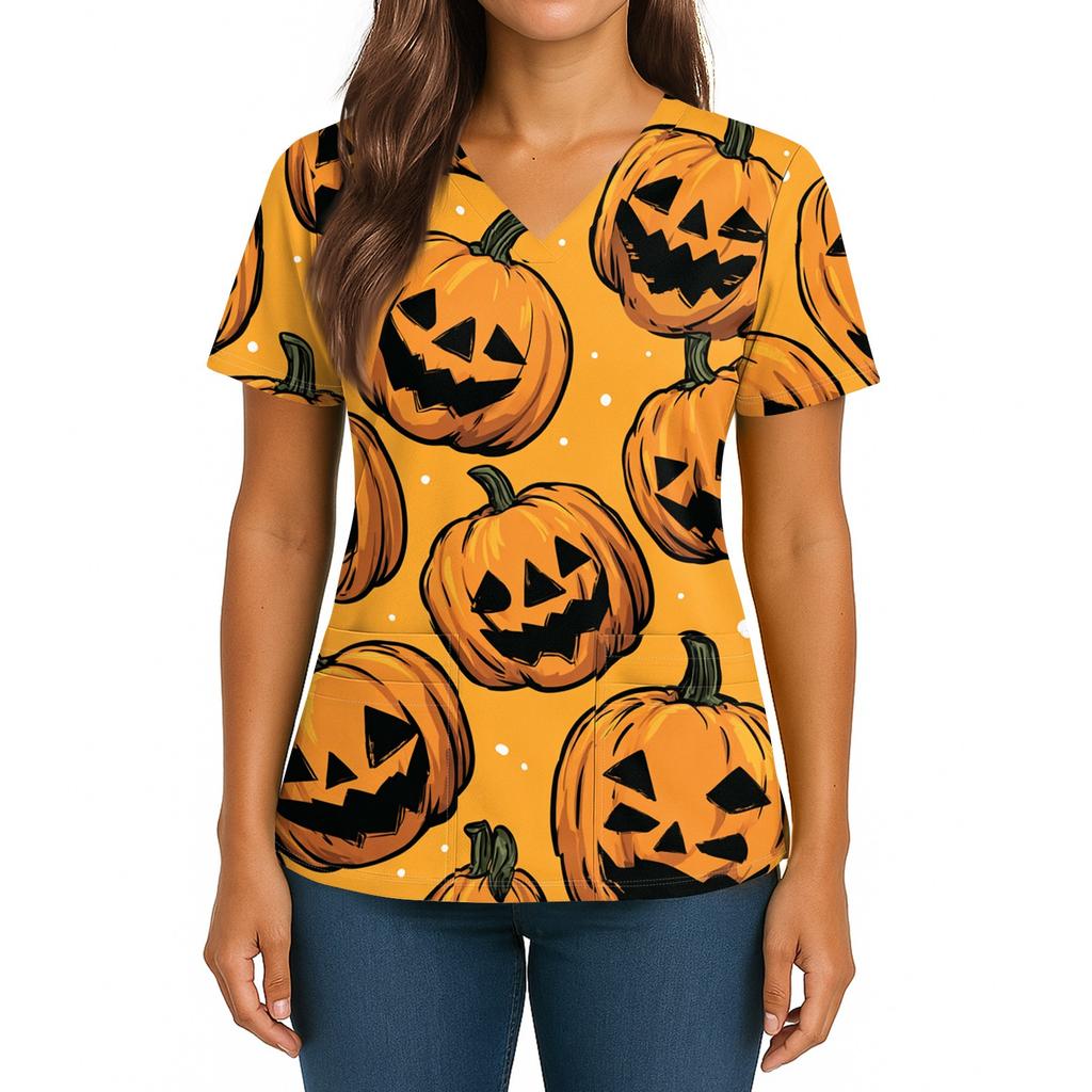Women's Halloween Printed V-Neck Double Pocket Short Sleeves Hem Slit Uniform Caregiver Top