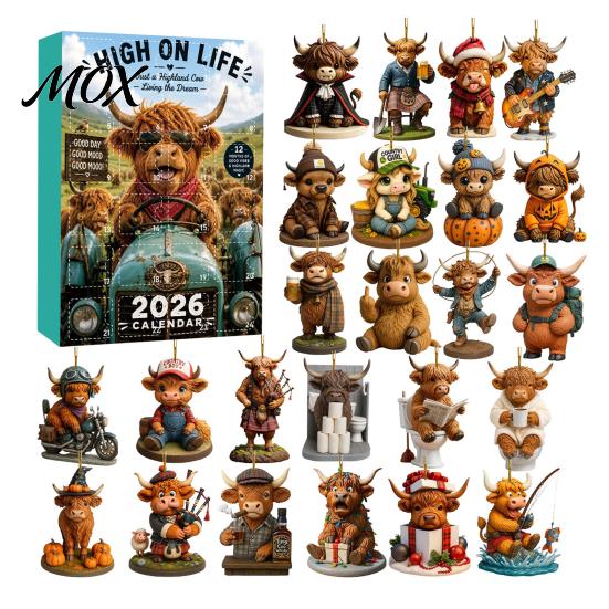 Acrylic Holiday Tree Decorations 2026 Highland Cow Advent Calendar, 2D Flat Festive Collectible Pendants Ornaments, 24 Days Christmas Countdown