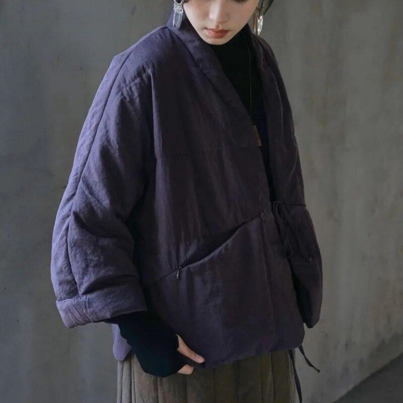 Johnature Dam Vintage Plus Bomullsparkas V-ringning Långärmad Enfärgad Kinesisk Stil Vinterrockar Knäppta Parkas