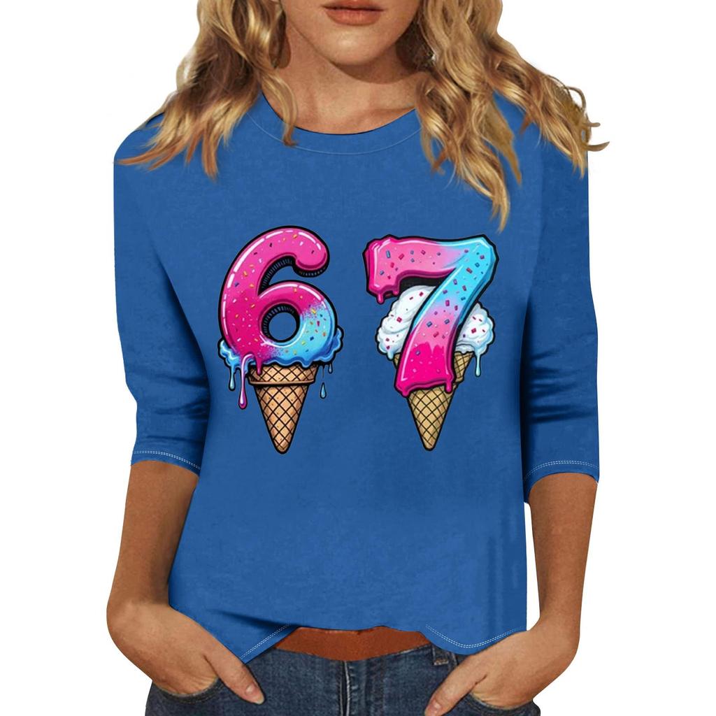 Women's Fashionable Casual Three-Quarter Sleeve Printed Neck T-Shirt Top